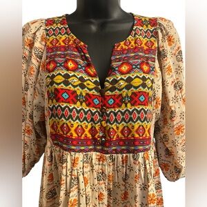 Umgee Beige Floral Peasant Blouse with Multicolor Aztec Yoke